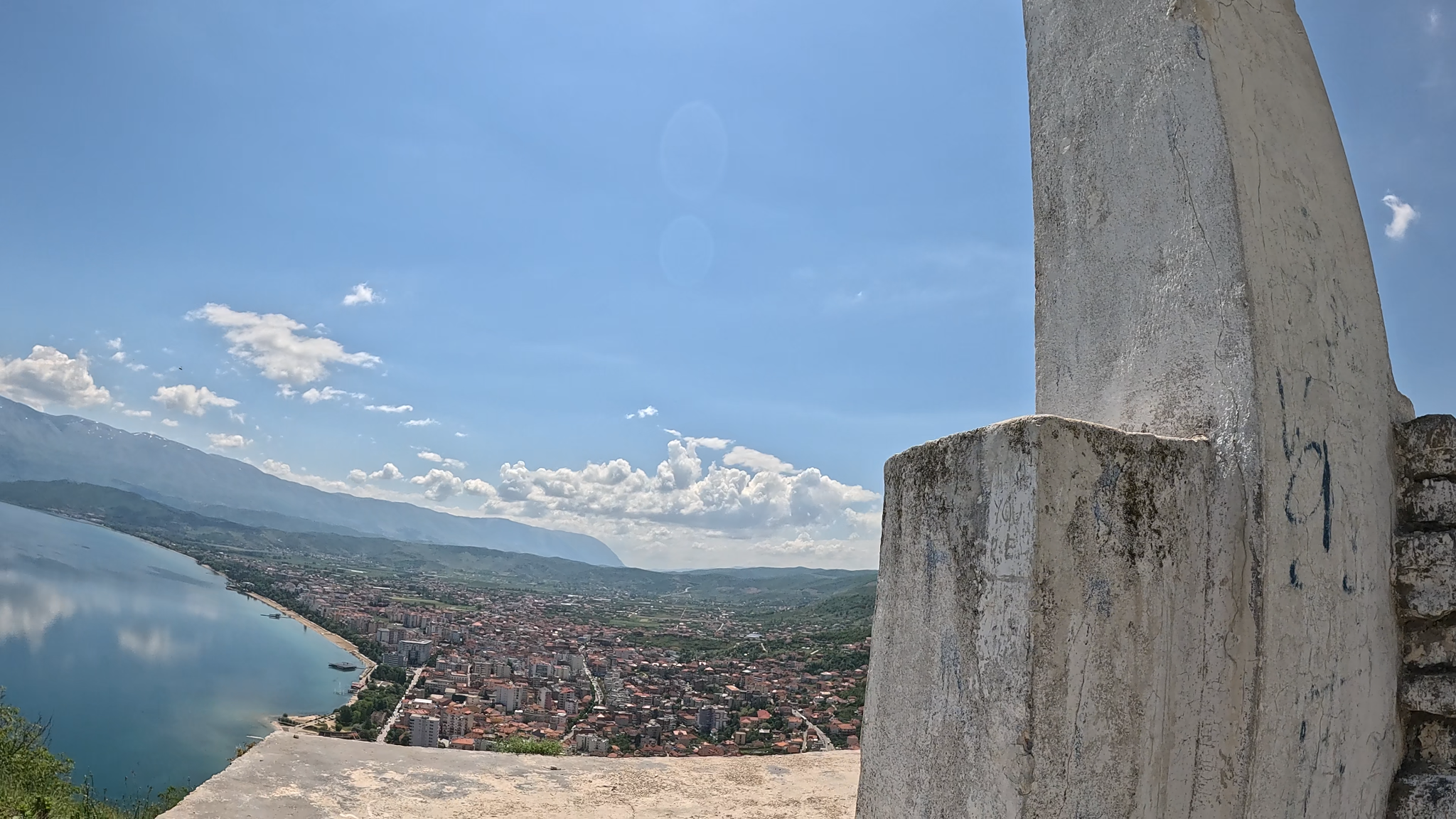 Panoramic view of Pogradec and Lake Ohrid looking down from the castle ruins